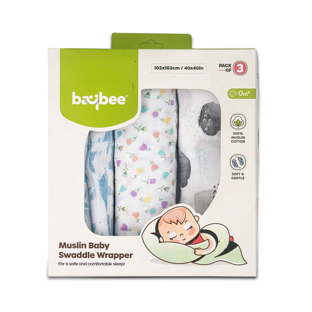 Baybee 100% Cotton Muslin Baby Swaddle Wrapper Blanket for New Born, Baby Towel Muslin Cloth Wrap for Newborn | Baby Towel Blanket Wrapper Swaddle for New Born Baby Size 102X102 cm (Pack of 3)