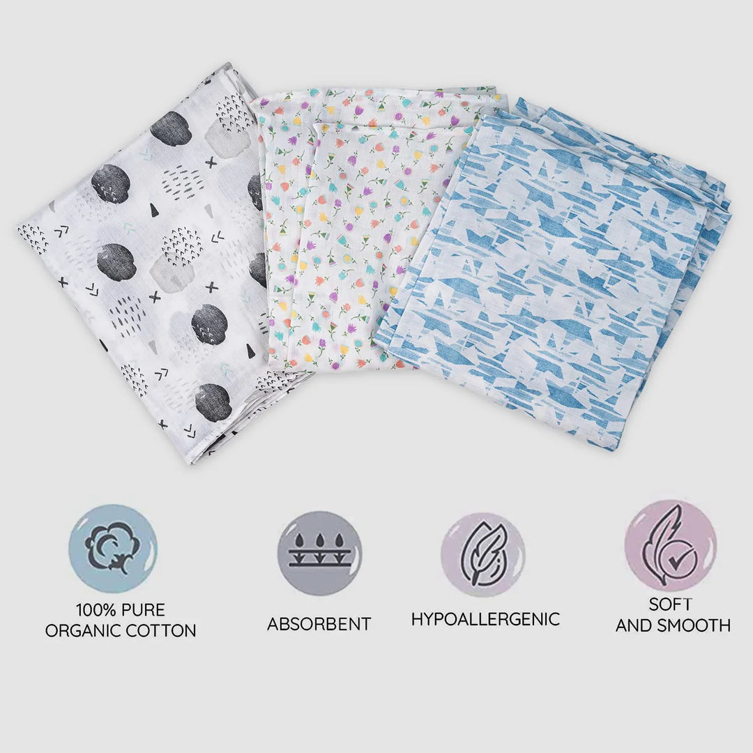Baybee 100% Cotton Muslin Baby Swaddle Wrapper Blanket for New Born, Baby Towel Muslin Cloth Wrap for Newborn | Baby Towel Blanket Wrapper Swaddle for New Born Baby Size 102X102 cm (Pack of 3)