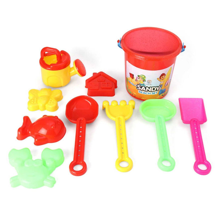 RATNA'S Sandy Beach Play Set for Kids Sand Beach Toys Set Toddlers - Pack Includes 1 Bucket, 4 Big Scoops, 4 Moulds, and 1 Sprinkler 10 PCS