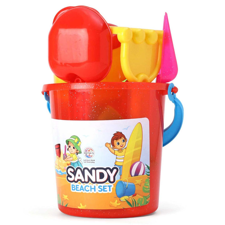 RATNA'S Sandy Beach Play Set for Kids Sand Beach Toys Set Toddlers - Pack Includes 1 Bucket, 4 Big Scoops, 4 Moulds, and 1 Sprinkler 10 PCS