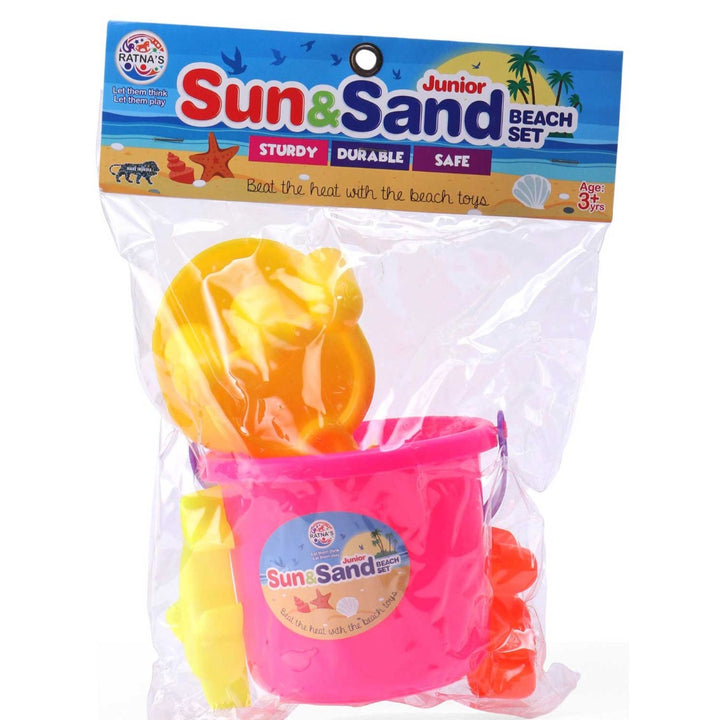 RATNA'S Junior Sun & Sand Beach Play Set for Kids/Toddlers Sand Beach Play Toys Pack Includes 1 Bucket, 1 Spade, 1 Pick Axle, 1 Rescue Boat & 2 Moulds 6 PCS