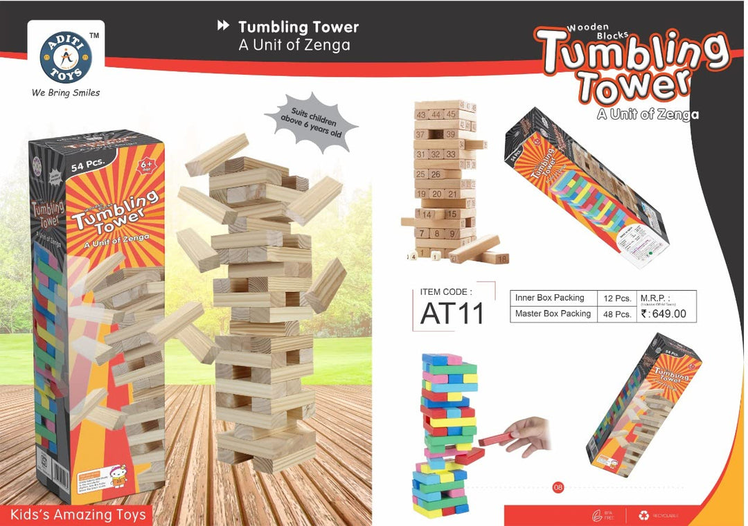 54pcs Tumbling Tower A Unit of Zenga Wooden Blocks Stacking Tower Game for Kids Multi Color Age 6+ Years